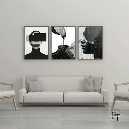 Set of 3 Black-and-White Abstract Portraits, Elegant Decor, for Living Room