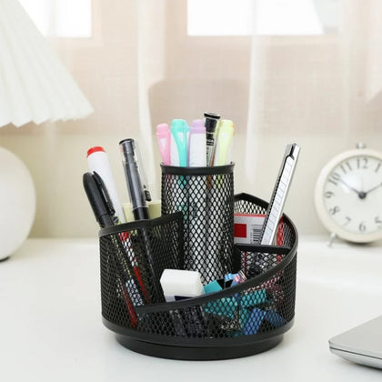 Metal Mesh Rotating Desk Organizer, 5 Compartments, for Office & Home