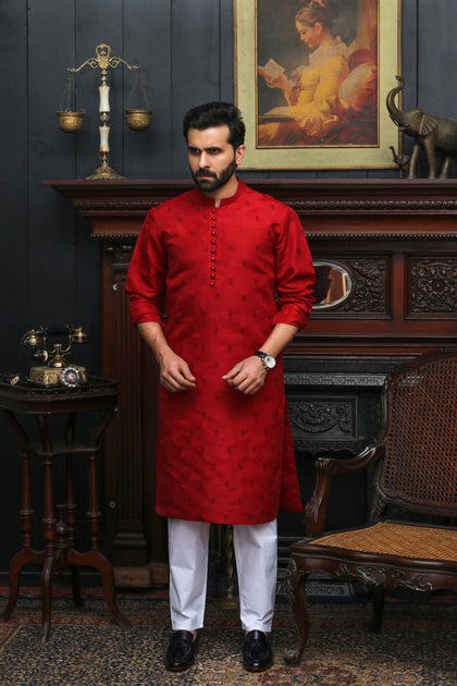 RED EMBROIDED MEN'S COTTON KURTA