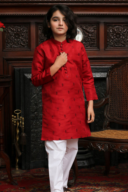 RED EMBROIDED KID'S COTTON KURTA