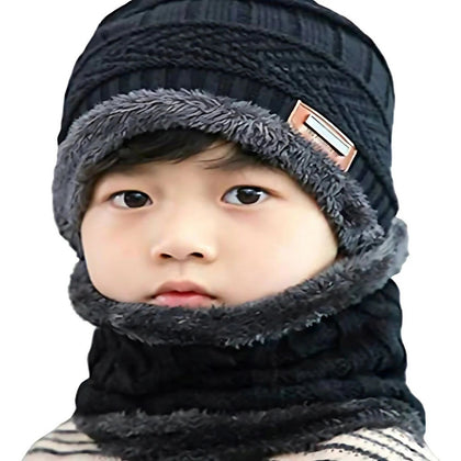 Beanie Cap with Neck Warmer, Knitted Hat & Scarf, Fleece Lining, for Kids