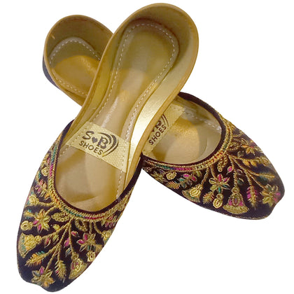 Comfy Velvet Khussa, Gold Embroidery, Stylish Traditional Footwear for Women