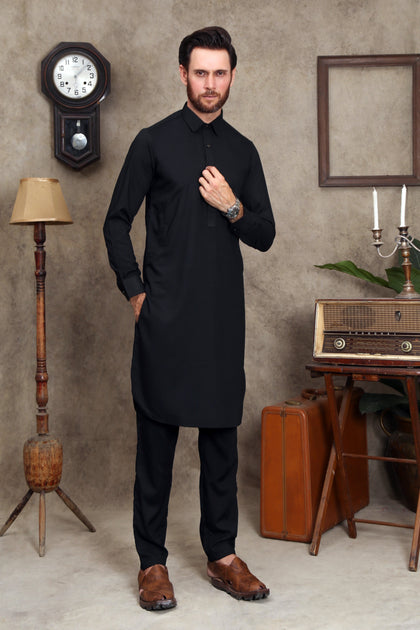 JET BLACK MEN'S WASH & WEAR SHALWAR KAMEEZ WITH COLLAR 2