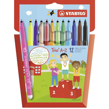 STABILO Trio A-Z Felt Tip Fibre Pen Pack of 12, Ergonomic Grip, for Writing & Drawing