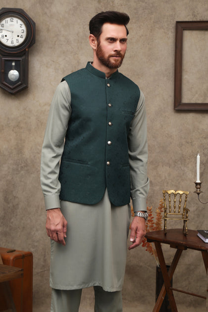 GREEN JAMAWAR MEN'S WAIST COAT