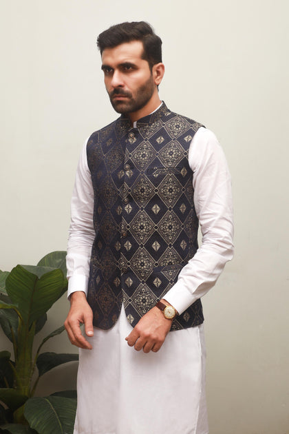 CHARCOAL BLUE EMBROIDERY JAMAWAR MEN'S WAIST COAT