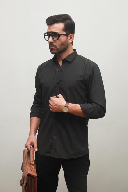 MEN'S PLAIN BLACK COTTON CASUAL SHIRT