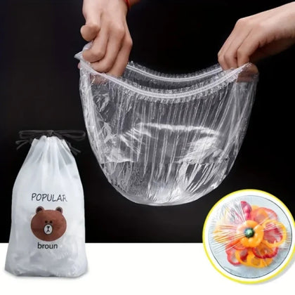 100pcs Disposable Plastic Cover, Stretchy, Reusable, with Rubber Bands, for Kitchen Use