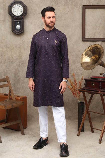 PURPLE DOTTED MEN'S COTTON KURTA