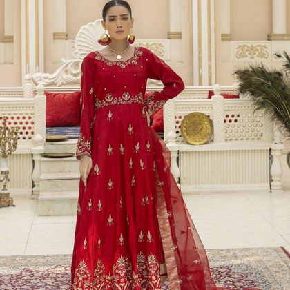 Frock, Long Elegant Red with Pure Organza Dupatta, for Women