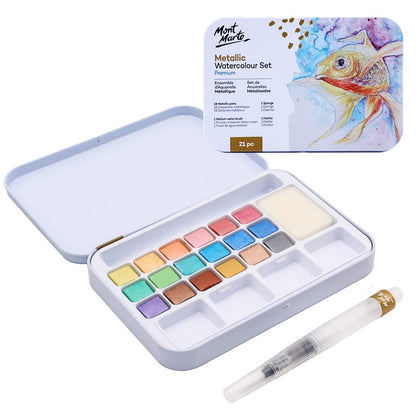 Mont Marte Metallic Watercolor Cake Set, 21 Colors, Shimmer Effect