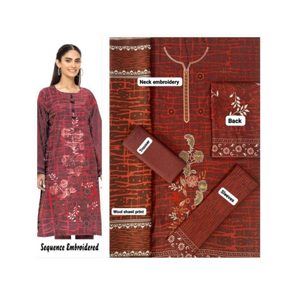 Unstitched Suit, Dhanak Collection, Printed, Embroidered & Wool Shawl