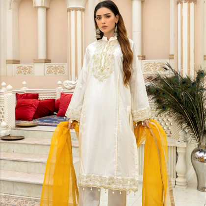 Suit, Off White Embroided Silk with Mustard Organza Dupatta