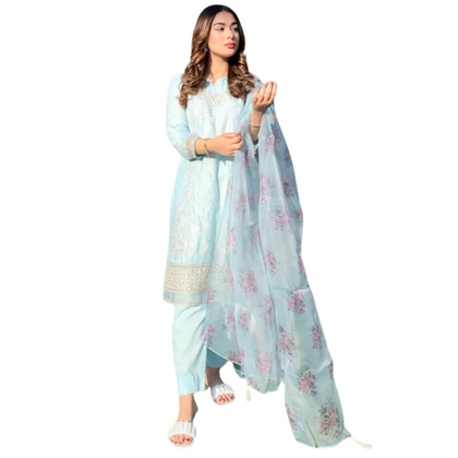 Stitched Suit, Embroidered Shirt & Printed Organza Dupatta, for Women