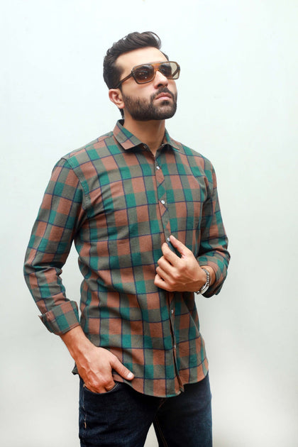 MEN'S GREEN PEACH CHECK CASUAL SHIRT