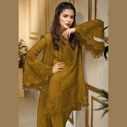 Unstitched Suit, Stunning Mustard and Pink Embroidered NET Ensemble