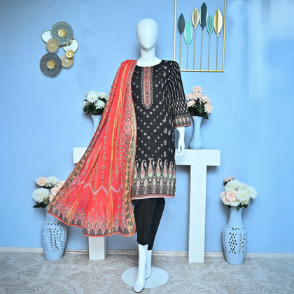 Stitched Suit, Pret 3 Piece Embroidered Lawn with Diamond Voil Duppatta