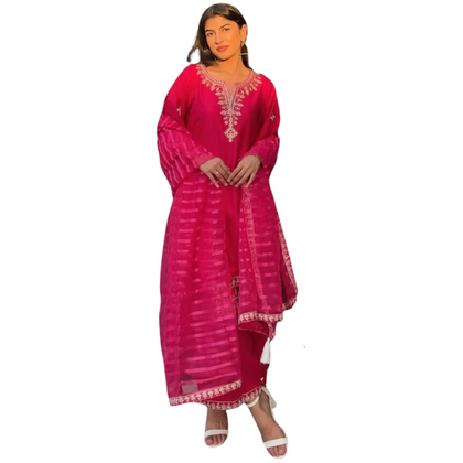 Stitched Suit, Embroidered Cotton Jacquard with Striped Organza Dupatta, for Women