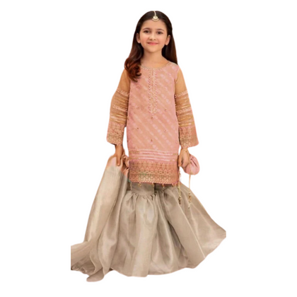 Net-3PC EMB, Net Shirt with Organza Dupatta & Gharara with Malai Trousers