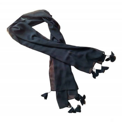 Scarf, Black Chiffon Georgette with Heart Tassels, for Women