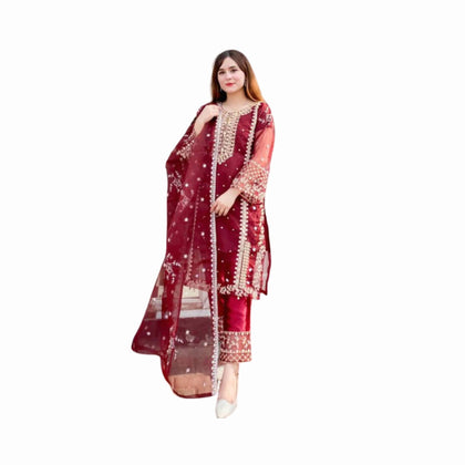 Embroidery Suit, Maroon Organza 3Pcs Ensemble, for Elegant Occasions