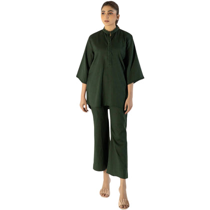 Suit, Sophisticated Bottle Green Self Jacquard 2-Piece Set with Lace Accents, for Women