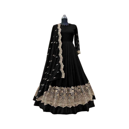 Embroidery Maxi, 3Pcs Neck Bell Bottom In Black Color, for Women