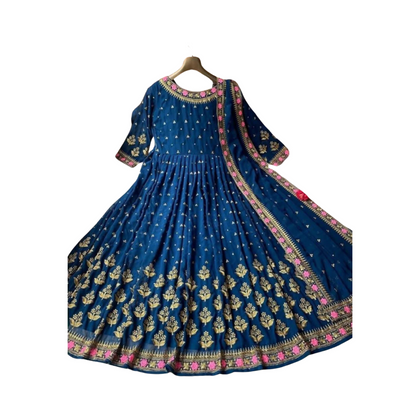 Embroidery Maxi, Elegant Blue Border & Shamose Silk Sophistication, for Women