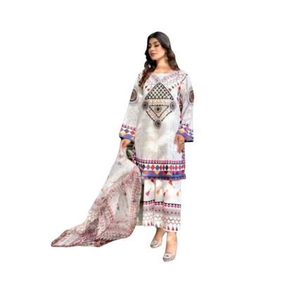 Lawn Suit, Digital Print Ensemble with Hand Mirror Work & Organza Dupatta