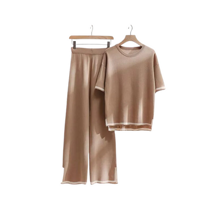 Loungewear, Coffee Brown Slit, T-shirts & High Waist Wide Leg, for Women