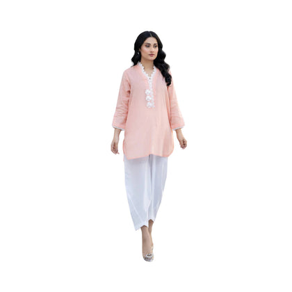 Shirt, Contemporary One-Piece Cotton Lawn with Delicate Lace & 3D Floral Embellishments