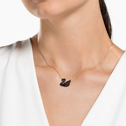 Swarovski Iconic Swan Pendant, Black Crystal Necklace with Rose Gold-tone Plating